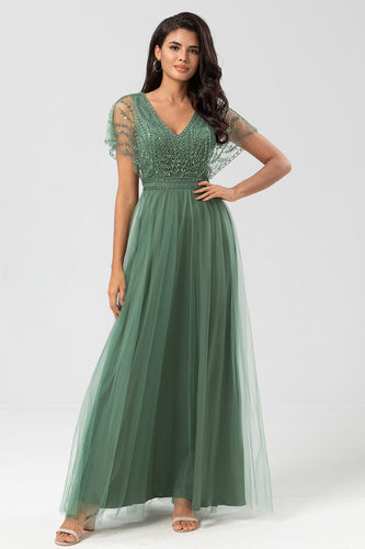 A-Line V Neck Eucalyptus Long Bridesmaid Dress with Beading