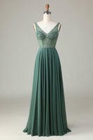 Load image into Gallery viewer, A Line V Neck Eucalyptus Long Bridesmaid Dress with Beading