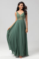 Load image into Gallery viewer, A Line V Neck Eucalyptus Long Bridesmaid Dress with Beading