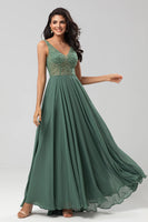 Load image into Gallery viewer, A Line V Neck Eucalyptus Long Bridesmaid Dress with Beading