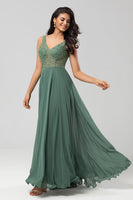 Load image into Gallery viewer, A Line V Neck Eucalyptus Long Bridesmaid Dress with Beading