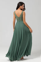 Load image into Gallery viewer, A Line V Neck Eucalyptus Long Bridesmaid Dress with Beading