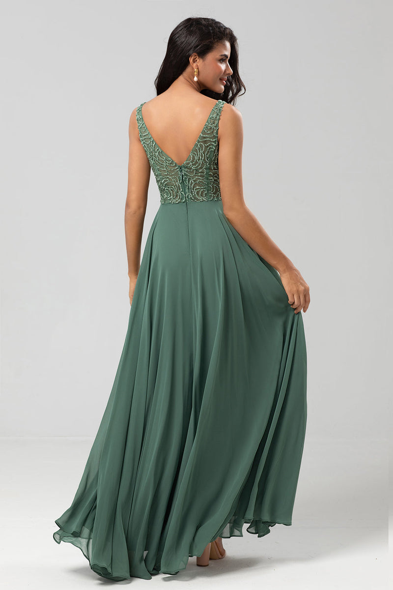 Load image into Gallery viewer, A Line V Neck Eucalyptus Long Bridesmaid Dress with Beading