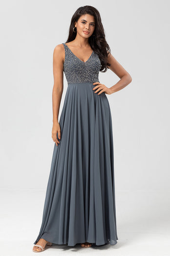 A Line V Neck Eucalyptus Long Bridesmaid Dress with Beading