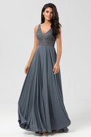 Load image into Gallery viewer, A Line V Neck Eucalyptus Long Bridesmaid Dress with Beading