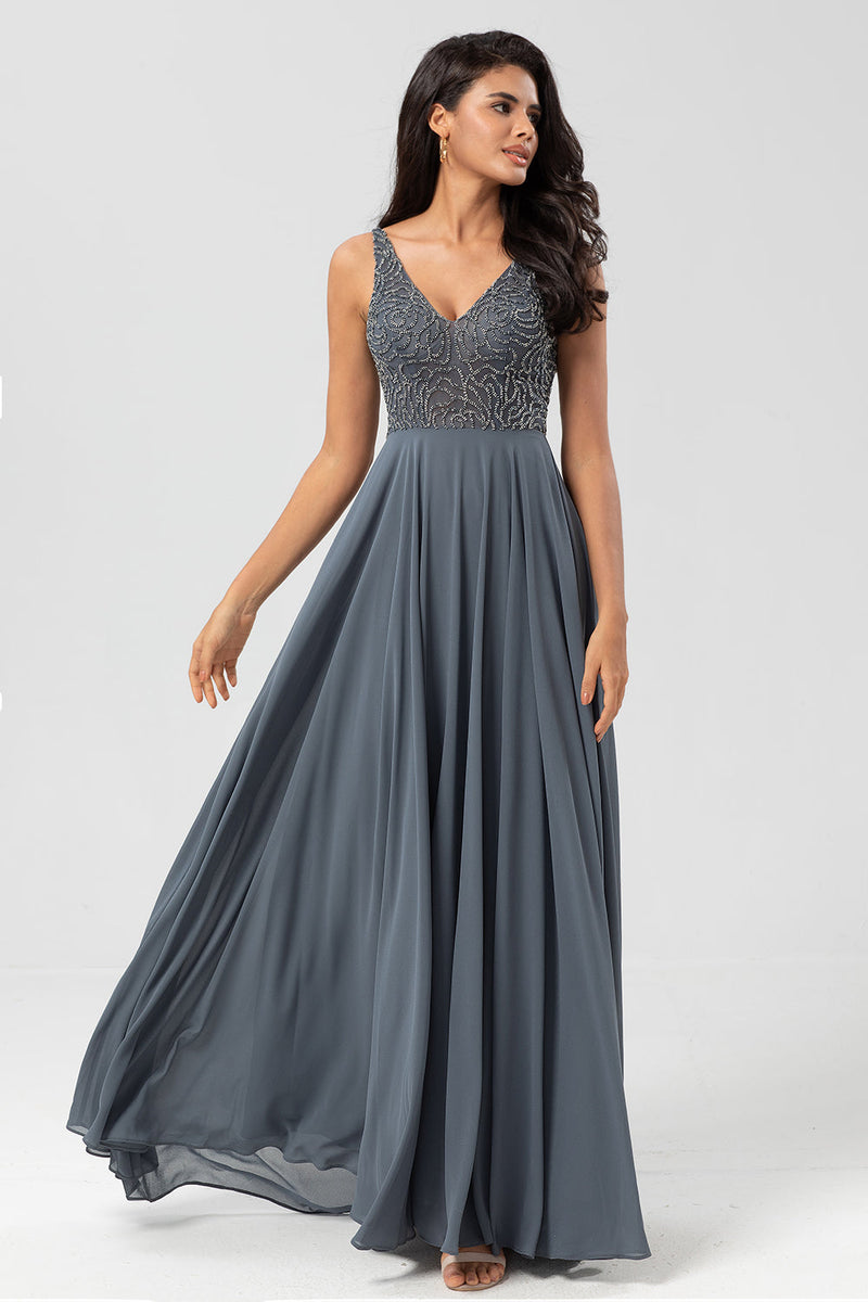 Load image into Gallery viewer, A Line V Neck Eucalyptus Long Bridesmaid Dress with Beading