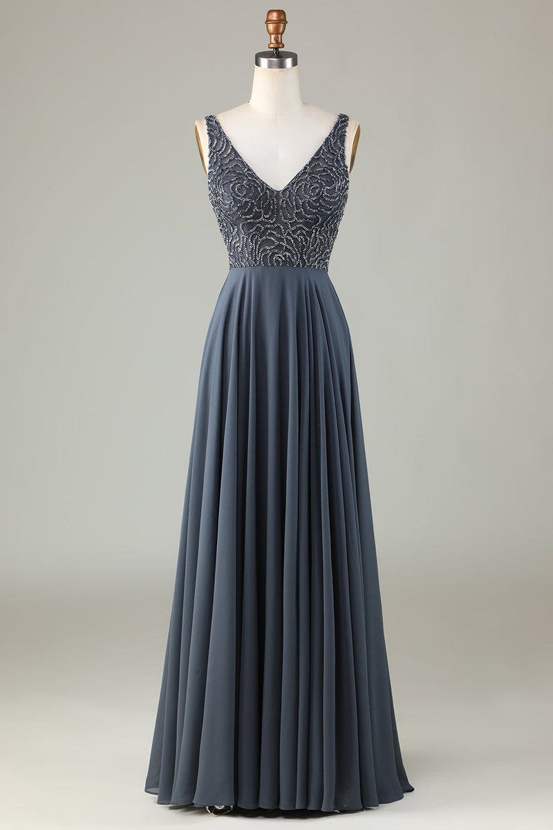Load image into Gallery viewer, A Line V Neck Eucalyptus Long Bridesmaid Dress with Beading