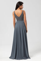 Load image into Gallery viewer, A Line V Neck Eucalyptus Long Bridesmaid Dress with Beading