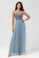Load image into Gallery viewer, A Line Spaghetti Straps Dusty Blue Long Bridesmaid Dress with Beading