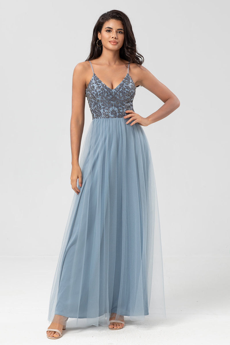 Load image into Gallery viewer, A Line Spaghetti Straps Dusty Blue Long Bridesmaid Dress with Beading