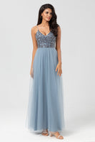 Load image into Gallery viewer, A Line Spaghetti Straps Dusty Blue Long Bridesmaid Dress with Beading