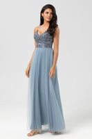 Load image into Gallery viewer, A Line Spaghetti Straps Dusty Blue Long Bridesmaid Dress with Beading