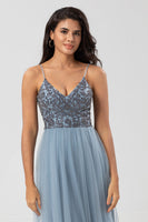 Load image into Gallery viewer, A Line Spaghetti Straps Dusty Blue Long Bridesmaid Dress with Beading