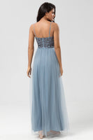 Load image into Gallery viewer, A Line Spaghetti Straps Dusty Blue Long Bridesmaid Dress with Beading