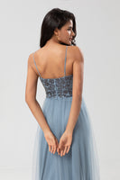Load image into Gallery viewer, A Line Spaghetti Straps Dusty Blue Long Bridesmaid Dress with Beading
