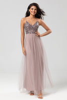 Load image into Gallery viewer, A Line Spaghetti Straps Dusty Blue Long Bridesmaid Dress with Beading