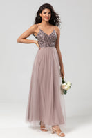 Load image into Gallery viewer, A Line Spaghetti Straps Dusty Blue Long Bridesmaid Dress with Beading