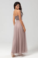 Load image into Gallery viewer, A Line Spaghetti Straps Dusty Blue Long Bridesmaid Dress with Beading