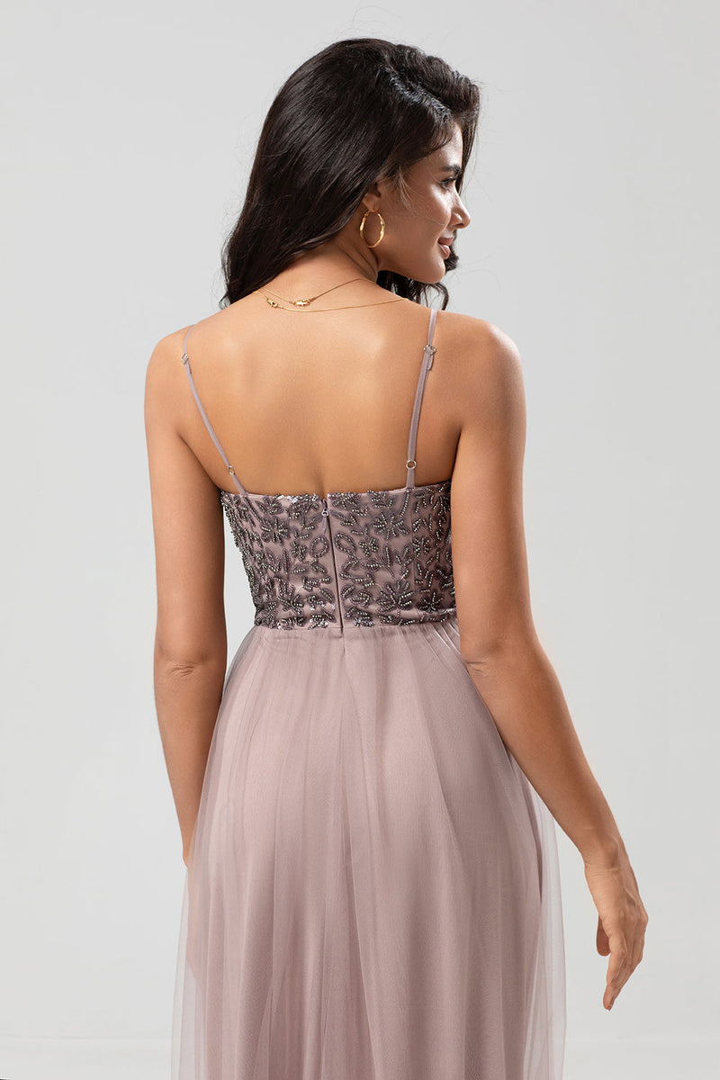 Load image into Gallery viewer, A Line Spaghetti Straps Dusty Blue Long Bridesmaid Dress with Beading