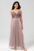 Load image into Gallery viewer, A Line Spaghetti Straps Dusty Blue Long Bridesmaid Dress with Beading