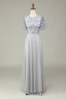 Load image into Gallery viewer, A-Line Tulle Beaded Long Grey Bridesmaid Dress with Appliques