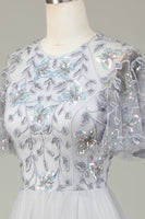 Load image into Gallery viewer, A-Line Tulle Beaded Long Grey Bridesmaid Dress with Appliques