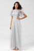 Load image into Gallery viewer, A-Line Jewel Neck Grey Long Bridesmaid Dress with Short Sleeves