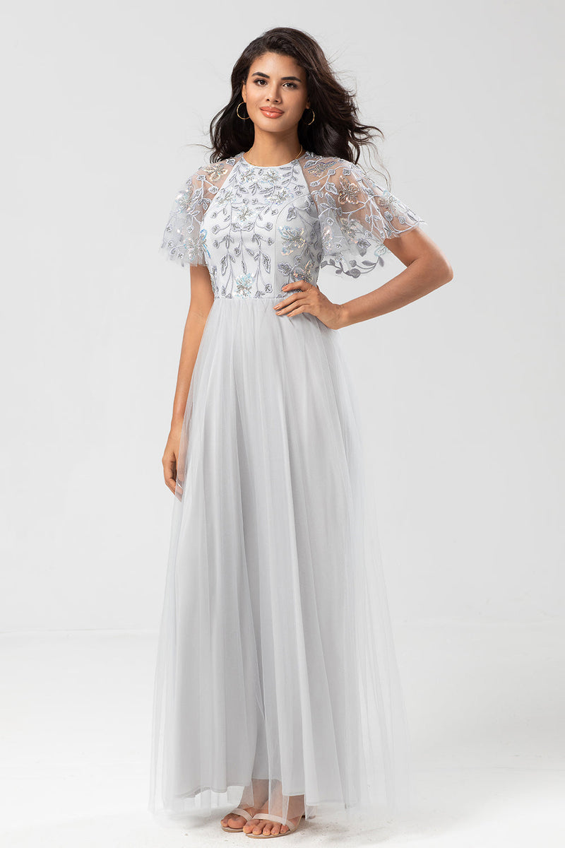 Load image into Gallery viewer, A-Line Jewel Neck Grey Long Bridesmaid Dress with Short Sleeves