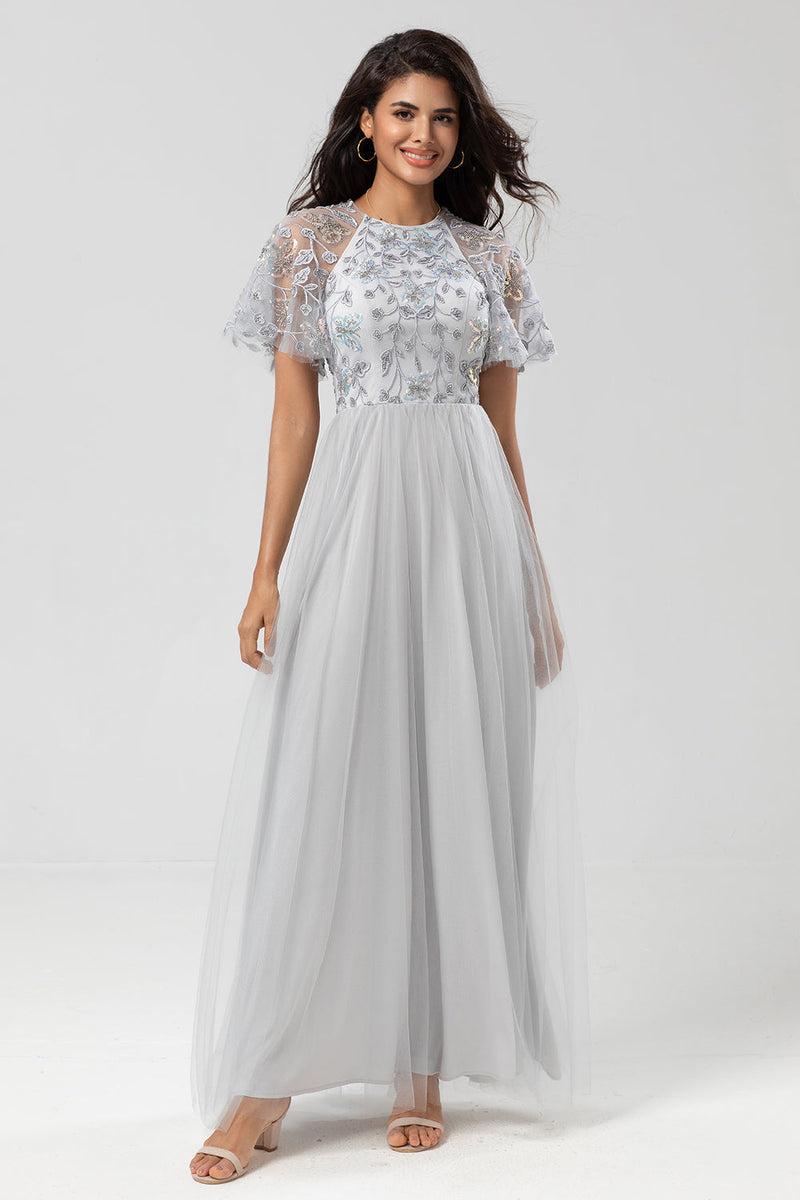 Load image into Gallery viewer, A-Line Jewel Neck Grey Long Bridesmaid Dress with Short Sleeves