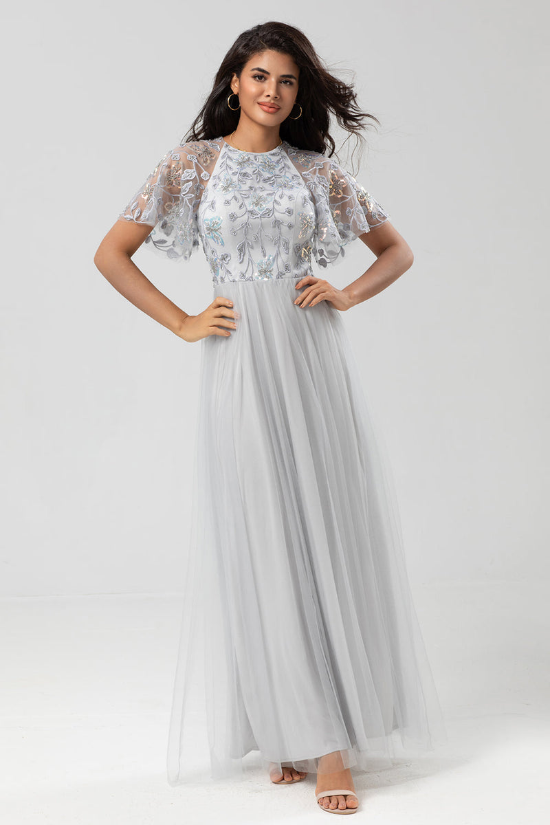 Load image into Gallery viewer, A-Line Jewel Neck Grey Long Bridesmaid Dress with Short Sleeves