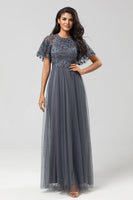 Load image into Gallery viewer, A-Line Jewel Neck Grey Long Bridesmaid Dress with Short Sleeves