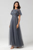 Load image into Gallery viewer, A-Line Jewel Neck Grey Long Bridesmaid Dress with Short Sleeves
