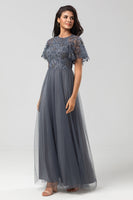 Load image into Gallery viewer, A-Line Jewel Neck Grey Long Bridesmaid Dress with Short Sleeves