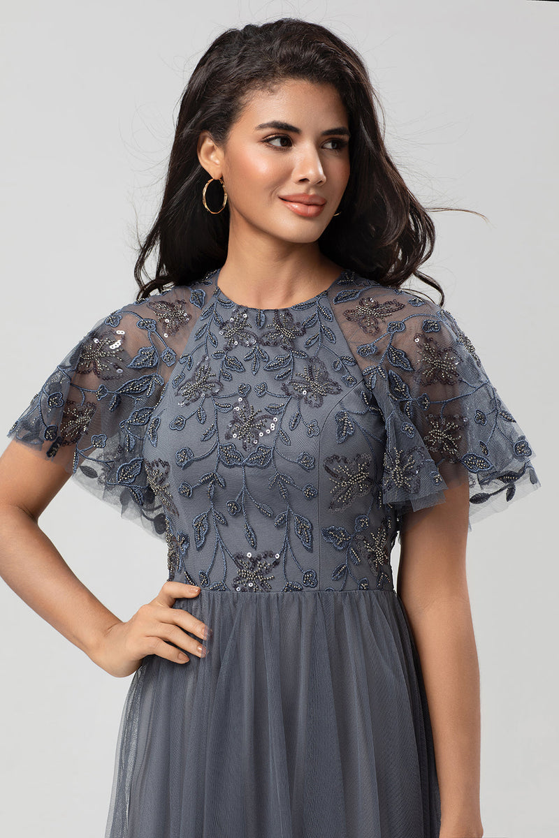 Load image into Gallery viewer, A-Line Jewel Neck Grey Long Bridesmaid Dress with Short Sleeves