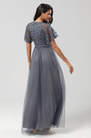 Load image into Gallery viewer, A-Line Jewel Neck Grey Long Bridesmaid Dress with Short Sleeves