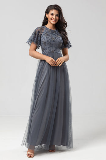 A-Line Jewel Neck Grey Long Bridesmaid Dress with Short Sleeves