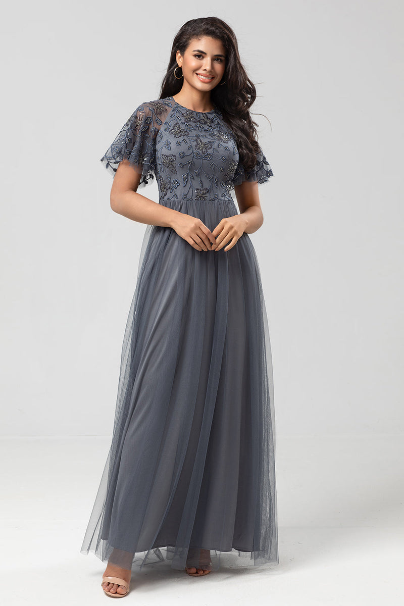 Load image into Gallery viewer, A-Line Jewel Neck Grey Long Bridesmaid Dress with Short Sleeves
