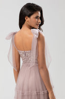Load image into Gallery viewer, A-Line V Neck Dusty Pink Long Bridesmaid Dress with Beading
