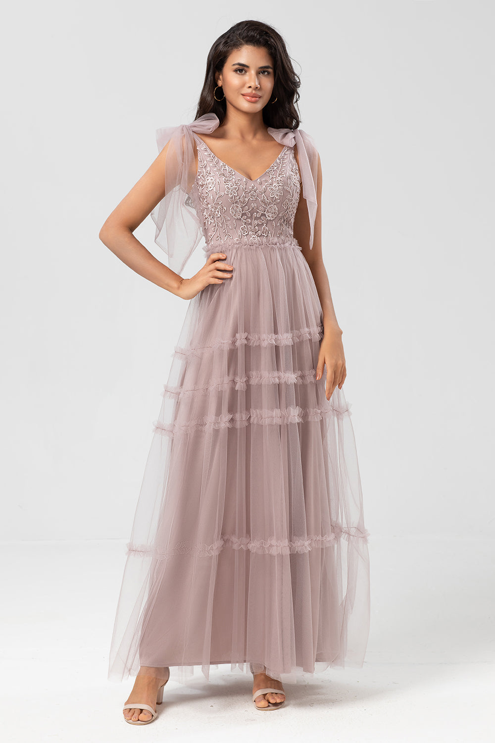 A-Line V Neck Dusty Pink Long Bridesmaid Dress with Beading