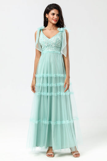 A-Line V Neck Dusty Pink Long Bridesmaid Dress with Beading