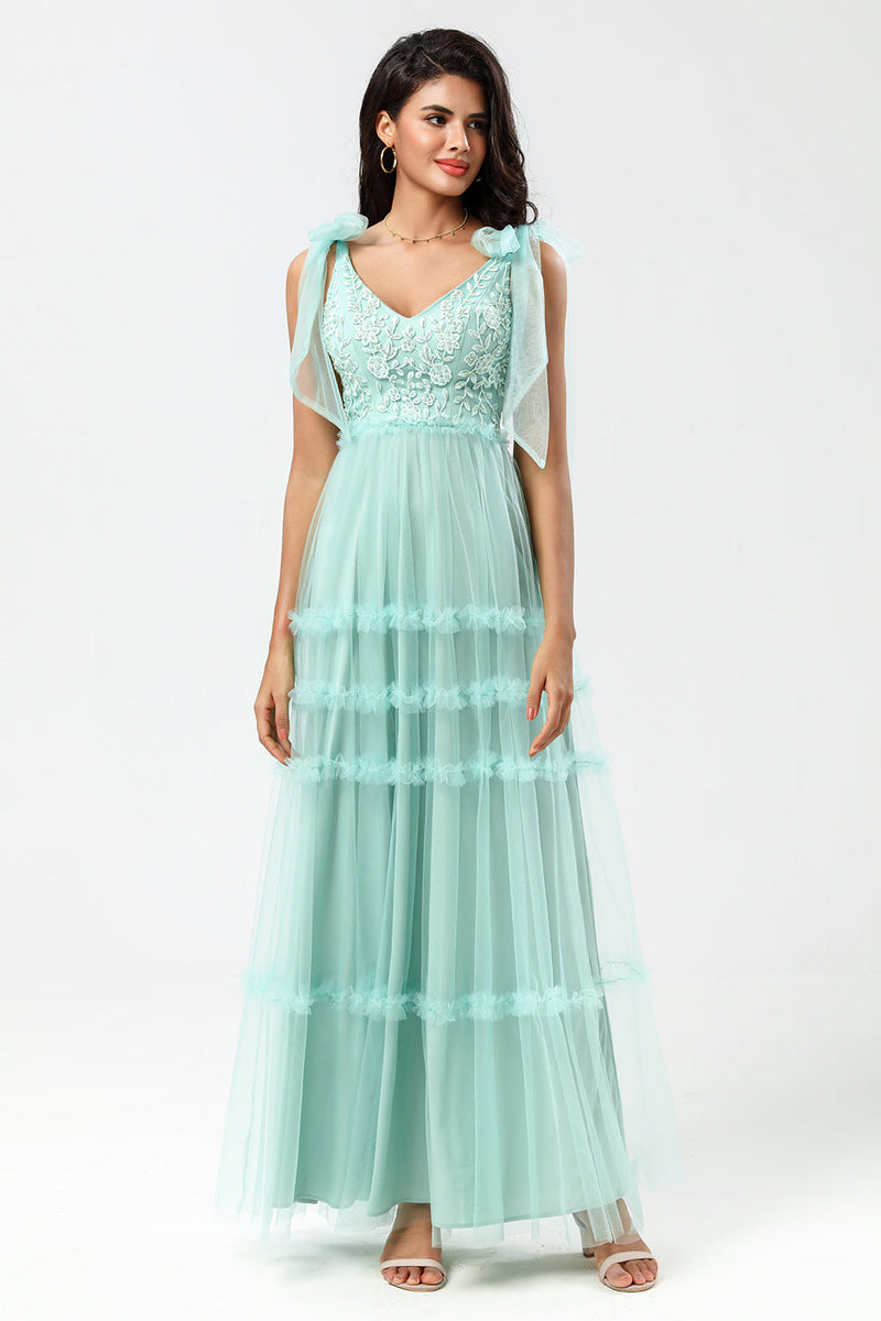 Load image into Gallery viewer, A-Line V Neck Dusty Pink Long Bridesmaid Dress with Beading