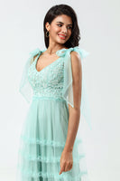 Load image into Gallery viewer, A-Line V Neck Dusty Pink Long Bridesmaid Dress with Beading