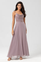 Load image into Gallery viewer, A Line Spaghetti Straps Dusty Pink Long Bridesmaid Dress with Beaded