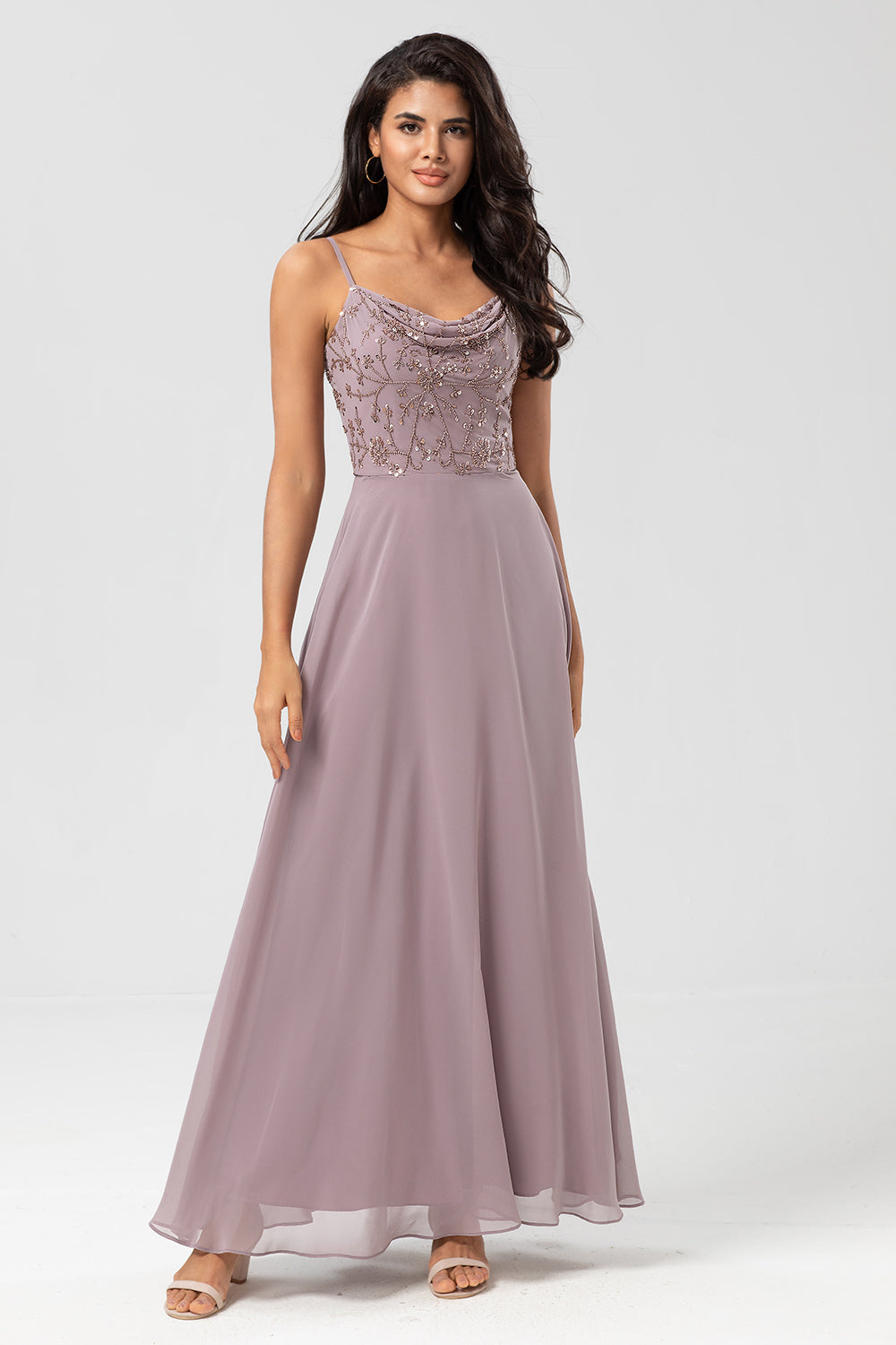 A Line Spaghetti Straps Dusty Pink Long Bridesmaid Dress with Beaded