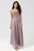 Load image into Gallery viewer, A Line Spaghetti Straps Dusty Pink Long Bridesmaid Dress with Beaded