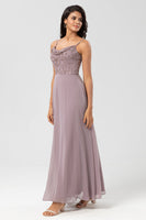 Load image into Gallery viewer, A Line Spaghetti Straps Dusty Pink Long Bridesmaid Dress with Beaded