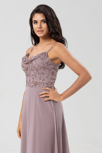 A Line Spaghetti Straps Dusty Pink Long Bridesmaid Dress with Beaded