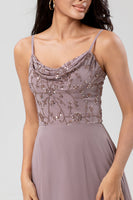 Load image into Gallery viewer, A Line Spaghetti Straps Dusty Pink Long Bridesmaid Dress with Beaded