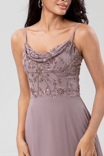 A Line Spaghetti Straps Dusty Pink Long Bridesmaid Dress with Beaded