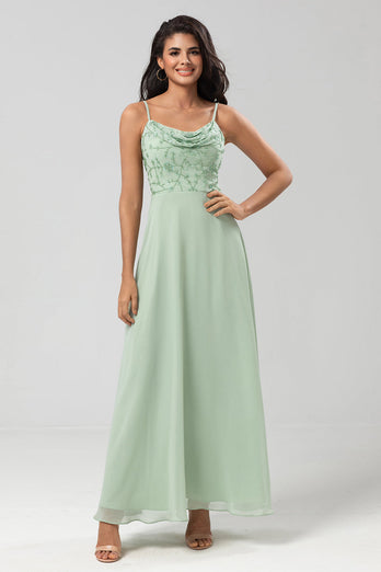 A Line Spaghetti Straps Dusty Pink Long Bridesmaid Dress with Beaded
